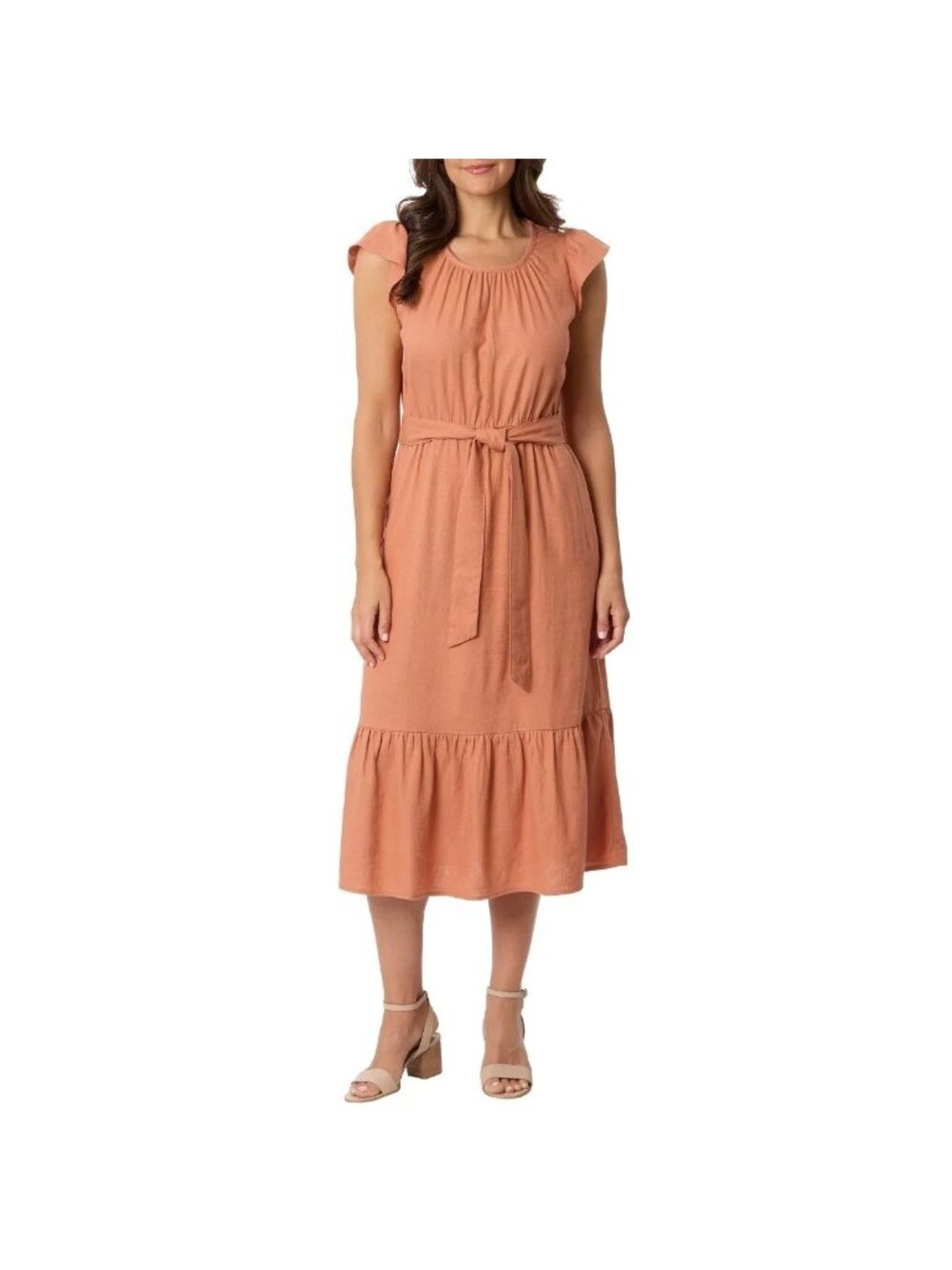 NWT Briggs Women's L Linen Sleeveless Tiered Midi Dress Rust Orange B0946